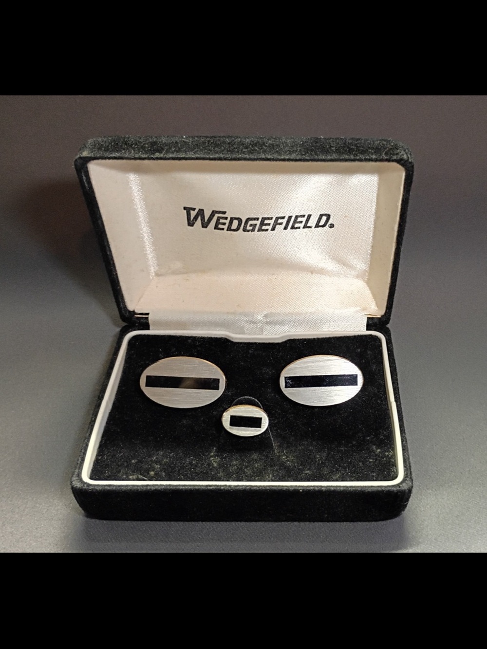 Silver and Black Cufflink Set with Matching Tie Pin